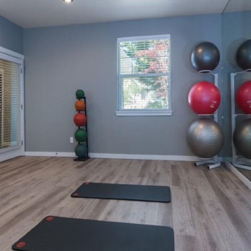 Get your workout on a room with a tv and bowling balls