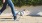 a dog on a leash walking by a person